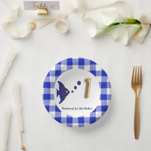 Cute Gingham, Blue Fish & Balloon 1st Birthday Paper Plate