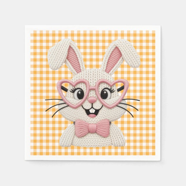 Cute Gingham Bunny Pink Heart Glasses  Napkin (Front)