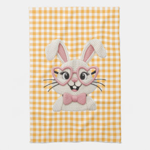 Cute Gingham Bunny Pink Heart Glasses  Tea Towel