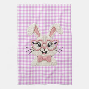 Cute Gingham Bunny Pink Heart Glasses  Tea Towel