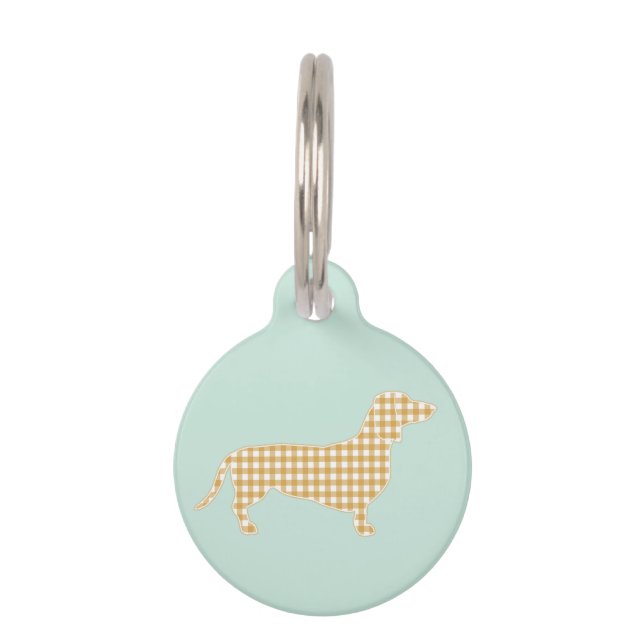 Cute Gingham Dachshund Duck Egg Blue Pet Tag (Front)