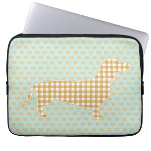 Cute Gingham Dachshund Monogram Duck Egg Blue Laptop Sleeve