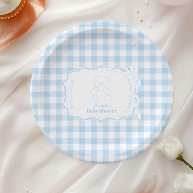 Cute Gingham French Teddy Bear Baby Shower Paper Plate (Creator Uploaded)