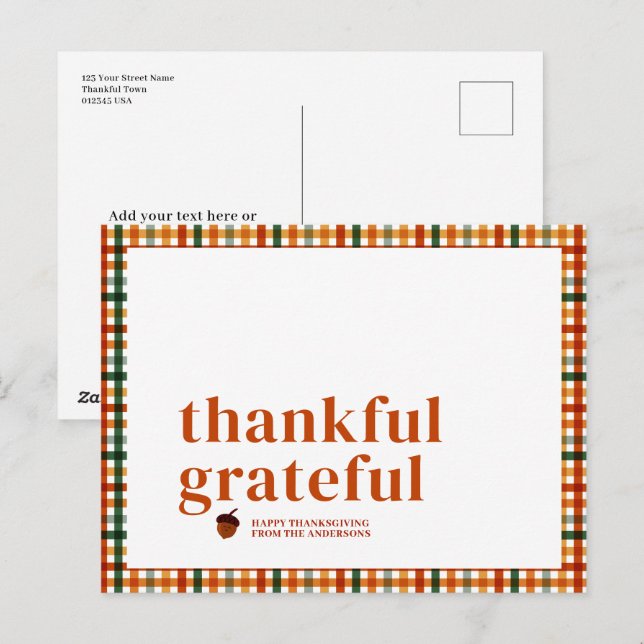 Cute Gingham Gratitude Thanksgiving Holiday Postcard (Front/Back)
