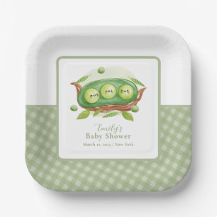 Cute Gingham Greenery Sweet Pea In Pod Baby Shower Paper Plate