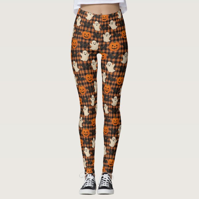 Cute, gingham halloween ghost pumpkin bats  leggings (Front)