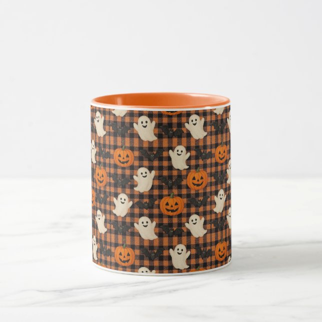 Cute, gingham halloween ghost pumpkin bats  mug (Center)