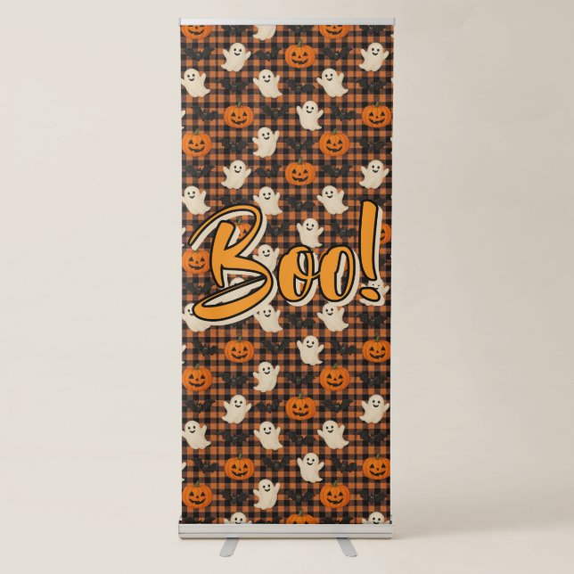 Cute, gingham halloween ghost pumpkin bats  retractable banner (Front)