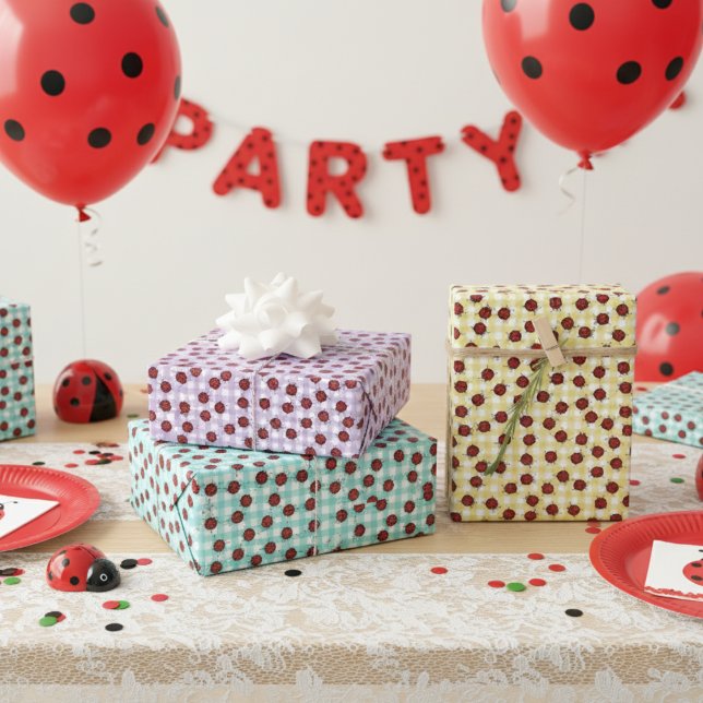 Cute Gingham Handdrawn Ladybug Pattern Kids Wrapping Paper Sheet (Cute Ladybugs & Gingham Pattern for Kids Birthday Party. Insect, Ladybug, or Beetle themed Birthday.)