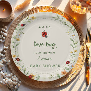 Cute Gingham Ladybug Wildflower Baby Shower Paper Plate