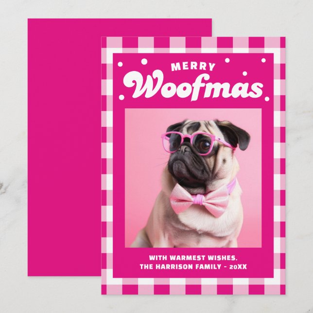 Cute Gingham Pattern Merry Woofmas Holiday Card (Front/Back)