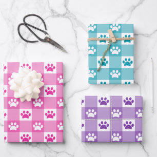 Cute Gingham Paw Print Pattern Pink Teal Purple Wrapping Paper Sheet