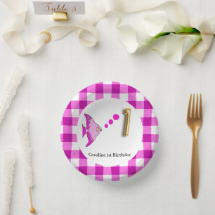 Cute Gingham, Pink Fish & Balloon 1st Birthday Paper Plate