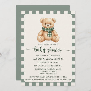 Cute Gingham Plaid Teddy Bear Winter Baby Shower Invitation