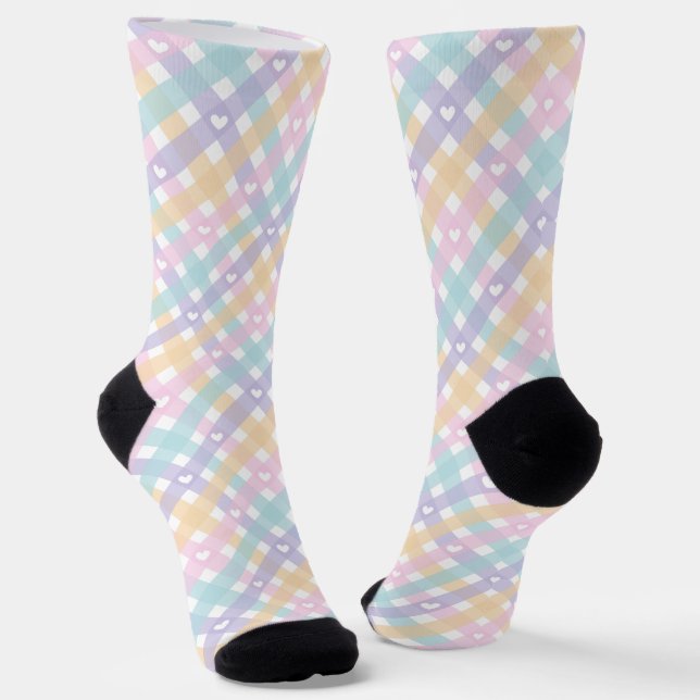 Cute Gingham Plaids Hearts  Socks (Angled)