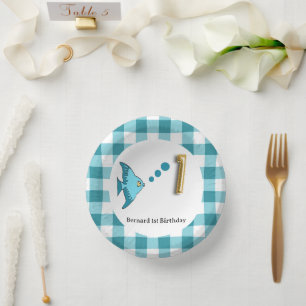Cute Gingham Teal Blue Fish & Balloon 1st Birthday Paper Plate