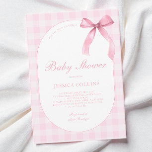 Cute Gingham Watercolor Pink Bow Girl Baby Shower Invitation
