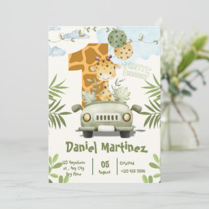 Cute Giraffe 1st Birthday Front & Back Design Invitation