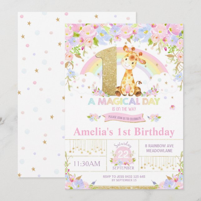 Cute Giraffe 1st Birthday Party Invitation Girl (Front/Back)