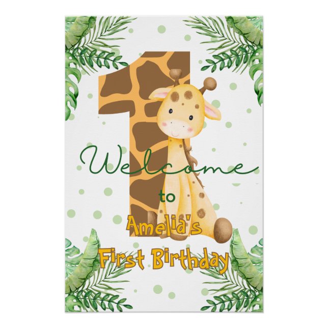 Cute Giraffe 1st Birthday Welcome Poster (Front)