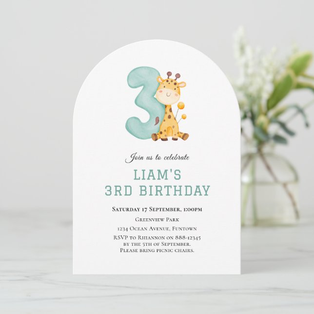 Cute Giraffe 3rd birthday invitation (Standing Front)