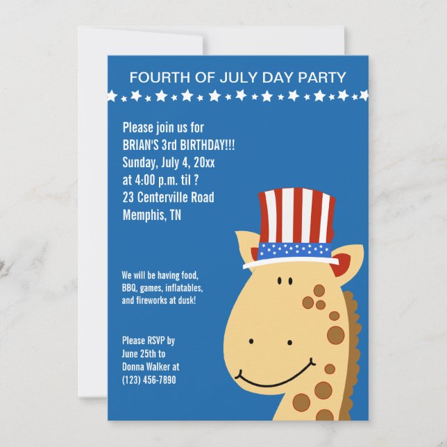 Cute Giraffe 4th Fourth of July Birthday Invite (Front)