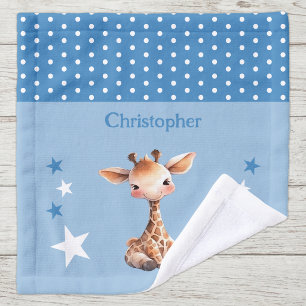 Cute giraffe add name polka dots stars blue wash cloth