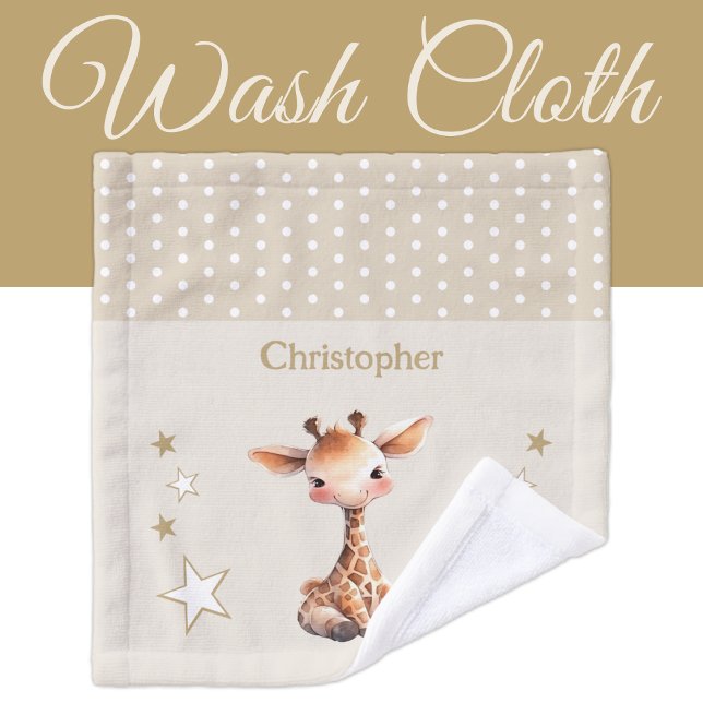 Cute giraffe add name polka dots stars brown wash cloth (Creator Uploaded)