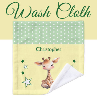 Cute giraffe add name polka dots stars green wash cloth