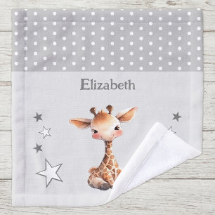 Cute giraffe add name polka dots stars grey wash cloth