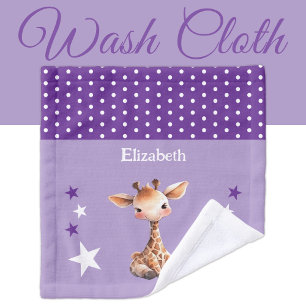 Cute giraffe add name polka dots stars purple wash cloth