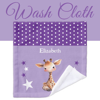 Cute giraffe add name polka dots stars purple wash cloth