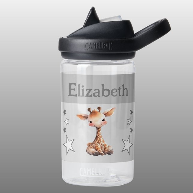 Cute giraffe add name with stars kids grey water bottle (Creator Uploaded)