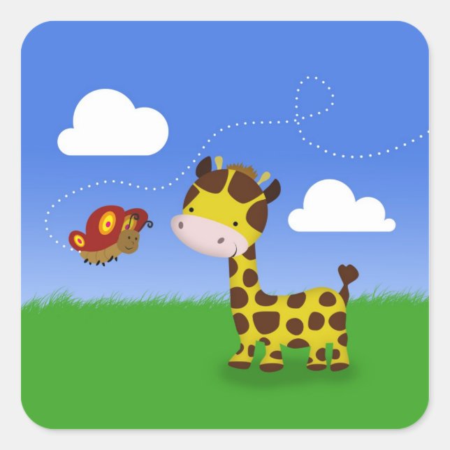 Cute Giraffe and Butterfly Square Sticker (Front)