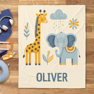 Cute Giraffe and Elephant Safari Friends Fleece Blanket