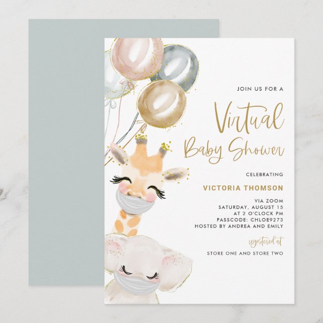 Cute Giraffe and Elephant Virtual Baby Shower Invitation (Front/Back)
