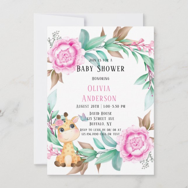 Cute Giraffe and Pink Peony Girl Baby Shower Invitation (Front)