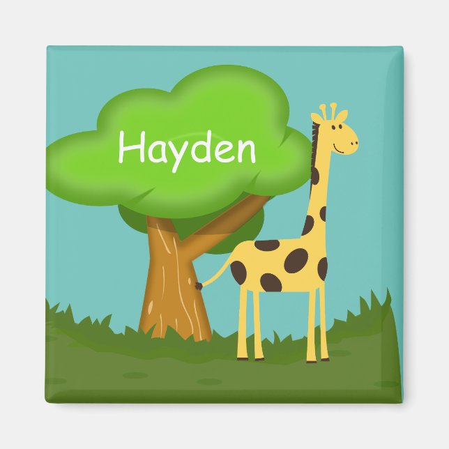 Cute Giraffe and Tree Art Personalised Colourful Magnet (Front)