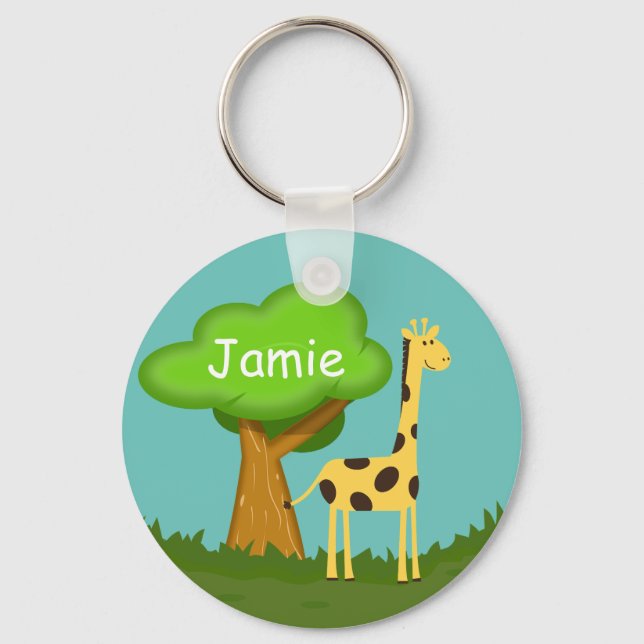 Cute Giraffe and Tree Art Personalised Keychain (Front)