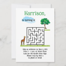 Cute giraffe and tree maze puzzle birthday invites