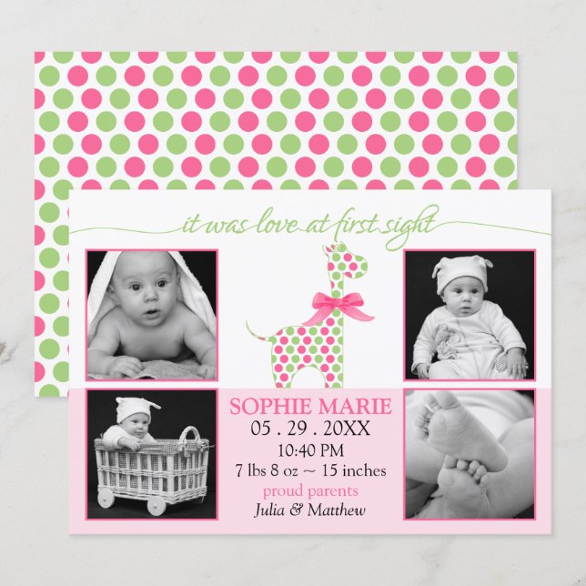 Cute Giraffe Baby Girl Photo Birth Announcement (Front/Back)