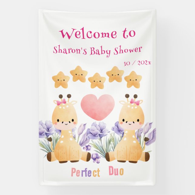 Cute Giraffe Baby Shower Banner | Twin Baby Shower (Vertical)