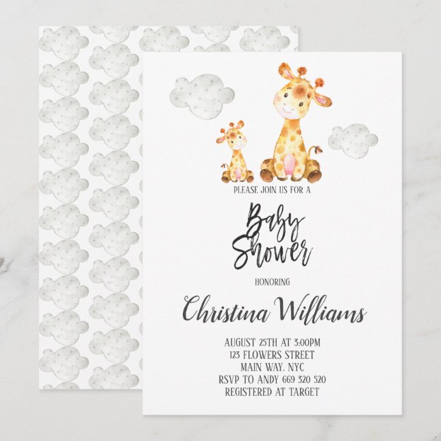Cute Giraffe Baby Shower Neutral Grey Mum & Baby Invitation (Front/Back)