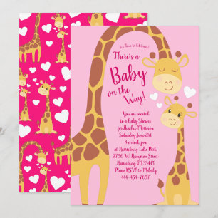 Cute Giraffe Baby Shower Pink Girl Invitation