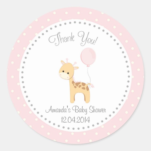 Cute Giraffe Baby Shower Sticker (Pink) (Front)