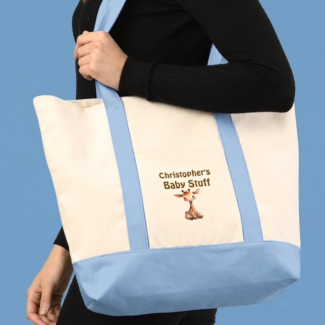 Cute giraffe baby stuff name blue brown tote bag (Creator Uploaded)
