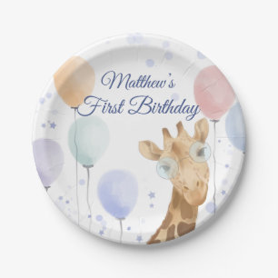 Cute Giraffe Balloon Boy First Birthday Paper Plate