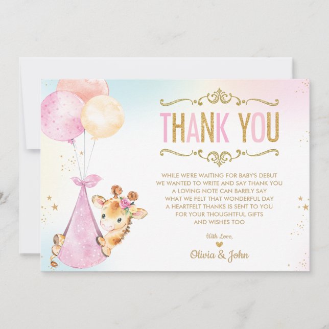 Cute Giraffe Balloons Girl Baby Shower Sprinkle Thank You Card (Front)