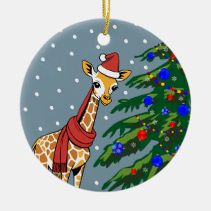 Cute Giraffe Beanie and Scarf with Christmas Tree Ceramic Tree Decoration