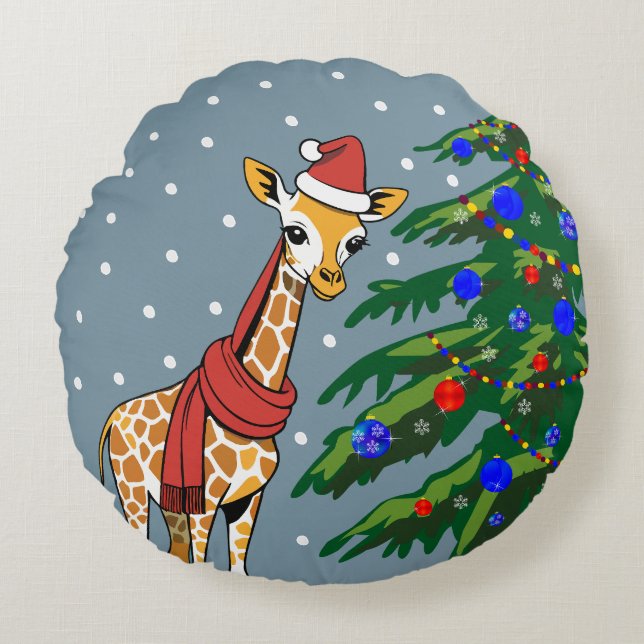Cute Giraffe Beanie and Scarf with Christmas Tree Round Cushion (Front)